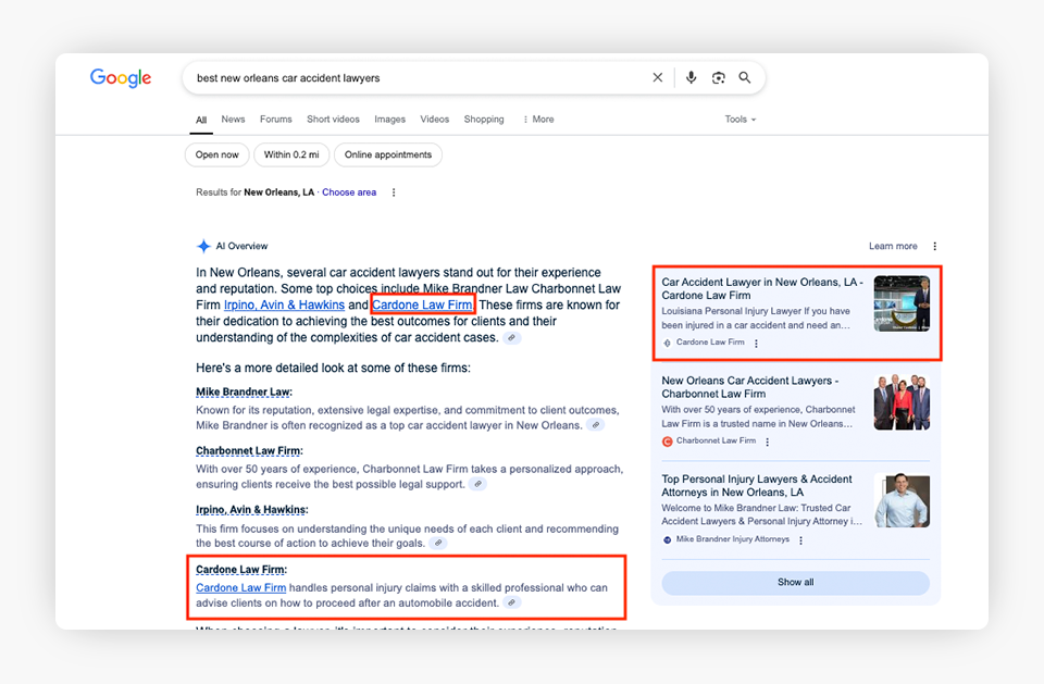 Captura de pantalla de una búsqueda en Google de los mejores abogados de apelación cerca de mí.
