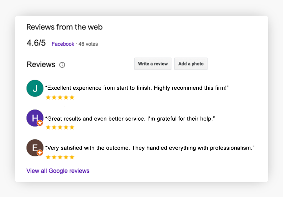 Captura de pantalla de Google Reviews de una firma de abogados.