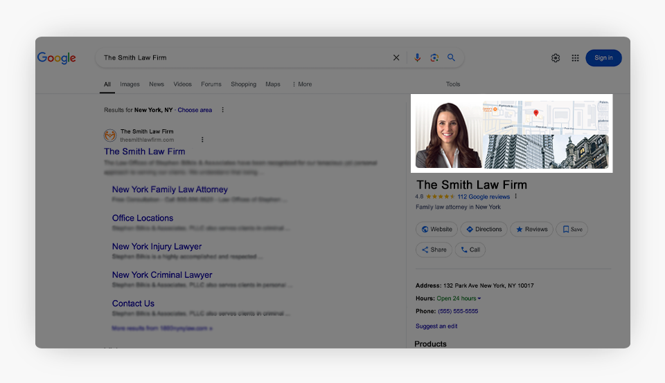 Captura de pantalla de una búsqueda en Google en la que se destacan aspectos importantes de una firma de abogados en la barra lateral, como la foto del abogado y la ubicación.